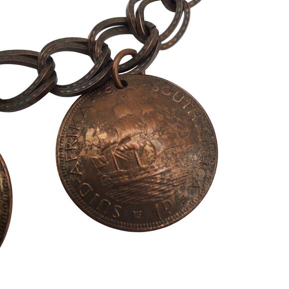 Vintage 1950s South African Coin Charm Bracelet Copper Five Cent Travel Chain - Picture 14 of 14